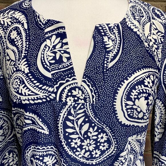 Aryeh Navy & Cream Paisley Quarter Sleeve Dress Size Large NWT - Picture 3 of 8